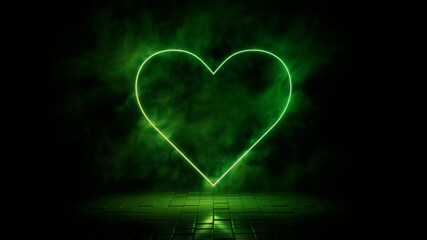 Green neon light heart icon. Vibrant colored technology symbol, isolated on a black background. 3D Render 