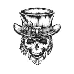 St. Patrick's Day Irish Leprechaun Skull in Top Hat with Shamrock. Hand Drawn Vector Illustration