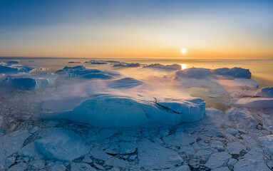 floating glaciers at fjord Disco Bay West Greenland at polar night