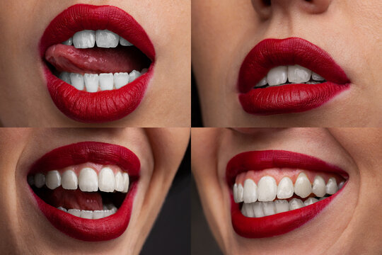 Young caucasian female with red lips make up. European girl lips. 