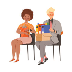 Man and Woman Office Employee Sitting and Looking at Hand Watch Counting Time Vector Illustration