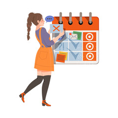 Young Female Dealing with Time and Task Table as Effective Time Management Vector Illustration