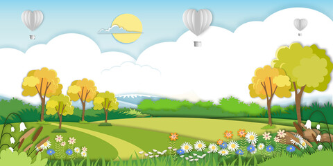 Vector illustration.Paper cut style of field landscape in summer time, Paper art spring landscape with blue sky and hot air balloons heart flying, panorama flat cartoon for Eco environmental backgroud