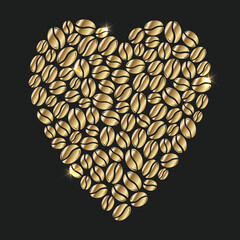 Group of golden roasted coffee beans forming a heart