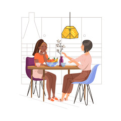 Young Woman Friends Sitting at Dining Table and Talking at Home Vector Illustration