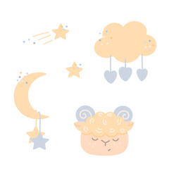 Lambs head, cloud, moon, stars and hearts isolated on white. A set of cute simple primitive cartoon elements for childrens designs, clip art. Vector in pastel colors.