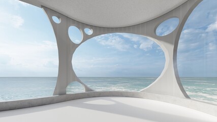 Fototapety  Architektura wnętrza pokoju tła z widokiem na morze 3d render