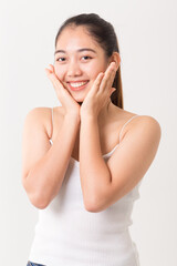 Asian woman is showing off pretty skin. Asian beauty skin care woman looking at side.