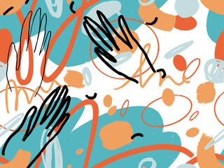 Seamless abstract doodle background pattern in bright summer positive colors. Hand-drawn abstract pattern with randomly arranged spots and dots and lines. Pencil and paint texture.