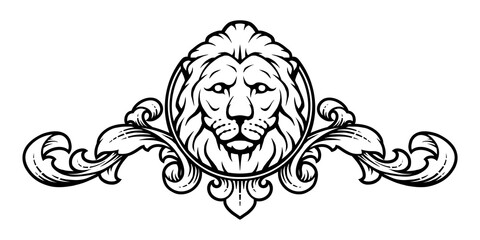 Lion head with vintage design elements. Vector illustration.