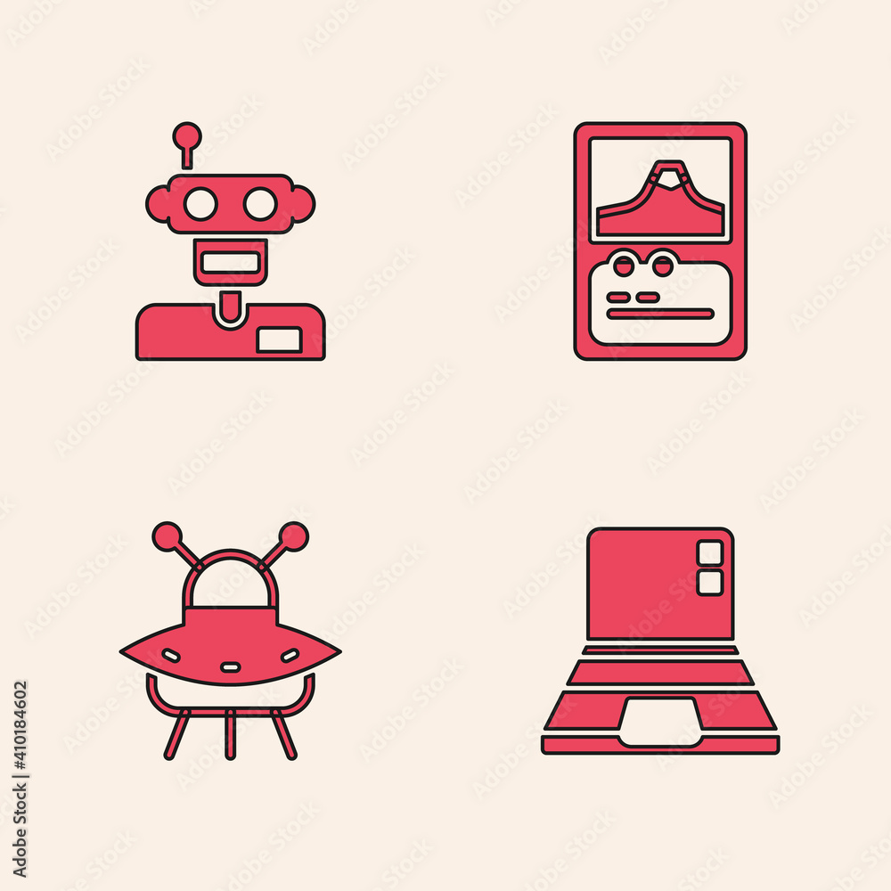 Poster set laptop, robot, card game and ufo flying spaceship icon. vector.