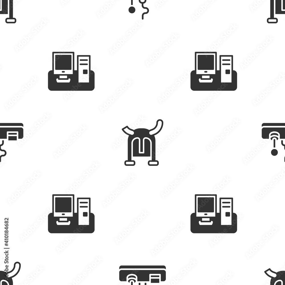 Poster set gamepad, viking in horned helmet and monitor with keyboard on seamless pattern. vector.