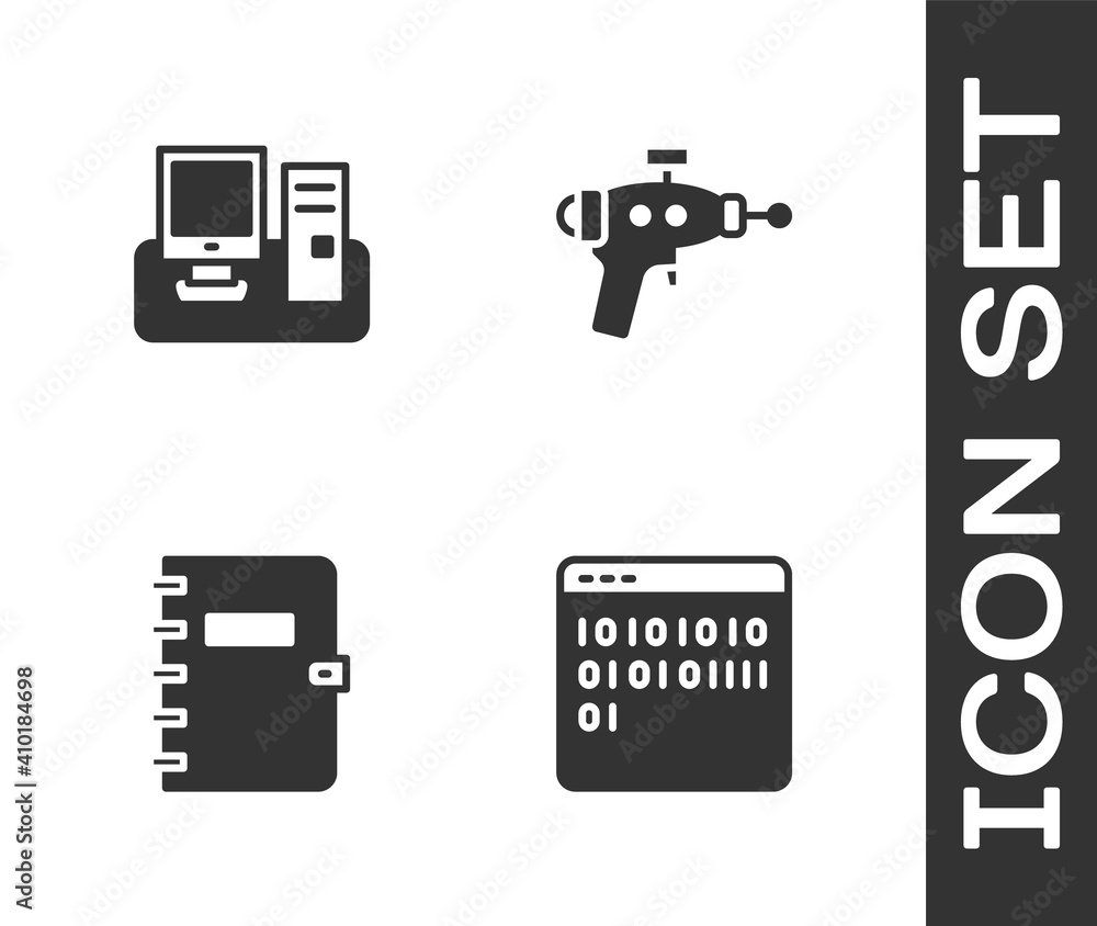 Poster set binary code, monitor with keyboard, spiral notebook and ray gun icon. vector.