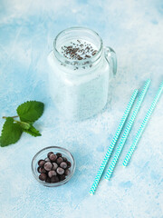 Obraz na płótnie Canvas Blueberry tasty smoothie with chia seeds. Vegetarian food, diet concept