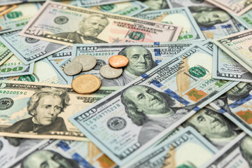 US dollars  pattern background of 5, 10, 20, 50 and 100 dollar bills.