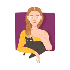 Freckled Woman with Cat Looking Out of Window Vector Illustration