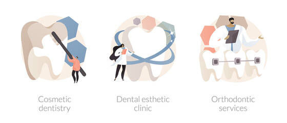 Naklejka premium Smile treatment abstract concept vector illustration set. Cosmetic dentistry, dental esthetic clinic, orthodontic services, teeth whitening, braces and brackets, medical center abstract metaphor.