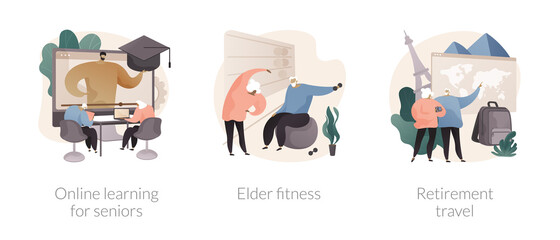 Elderly people lifestyle abstract concept vector illustration set. Online learning for seniors, elder fitness, retirement travel, fitness program, pension traveling expenses abstract metaphor.