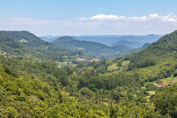 Fototapeta na wymiar Forest over mountain, valley and farm plantation