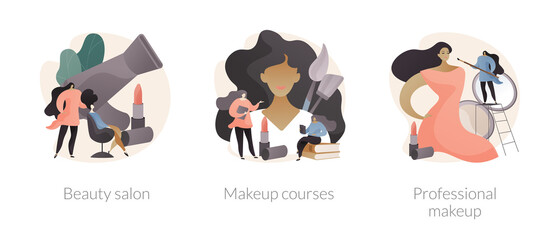 Beauty services abstract concept vector illustration set. Beauty salon, makeup course, professional cosmetics masterclass, nail studio, hair stylist, online workshop, skin treatment abstract metaphor.