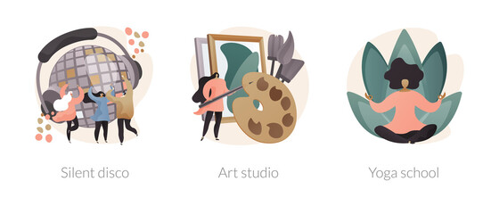 Entertainment and recreation abstract concept vector illustration set. Silent disco, art studio, yoga school, DJ set, headphones party, painting lesson, meditation practice abstract metaphor.