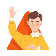 Fototapeta premium Cheerful Man Looking Out of Window and Waving Hand Vector Illustration