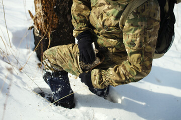 Traveller harvests a piece of birch bark for making fire, close-up.