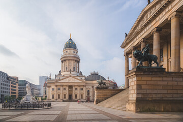 Gendarmenmarkt Square in Mitte, Berlin with the German Church straight ahead and Berlin Concert Hall to the right