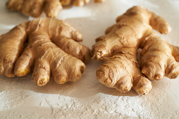 Fresh ginger root on a table