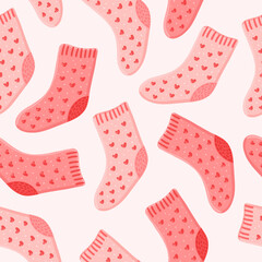 Socks with hearts vector seamless pattern. Hand drawn romantic clothes background