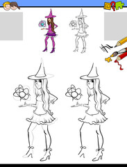 Obraz premium drawing and coloring task with witch girl character