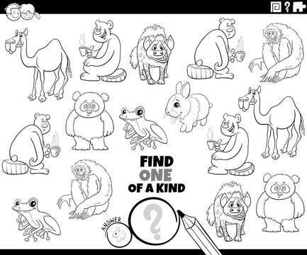 one of a kind task with cute cartoon animals coloring book page