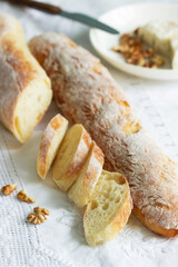 Homemade baguettes, served with blue cheese and nuts. Rustic style.