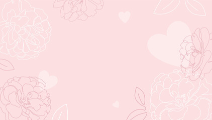 Pink floral line art with hearts. Single line rose and peony flowers with leaves. Valentine's Day romantic background design. - Vector