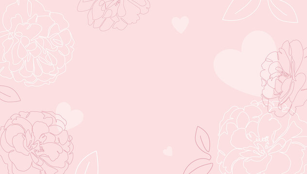 Pink floral line art with hearts. Single line rose and peony flowers with  leaves. Valentine's Day romantic background design. - Vector Stock Vector |  Adobe Stock