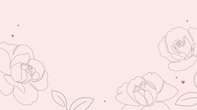 Rose flowers single line drawing with hearts on pink background. One line minimalist style illustration for romantic banner, card or invitation design. - Vector