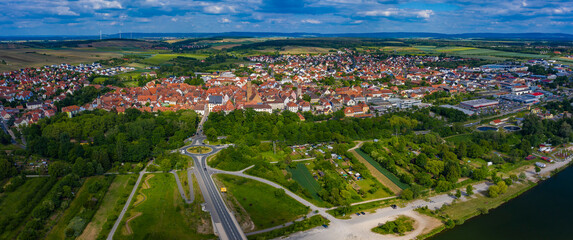 Aerial view of the old town of the city Volkach in Germany on a sunny day in spring.	