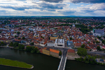 Fototapeta na wymiar Aerial view of the old town of the city Volkach in Germany on a sunny day in spring. 