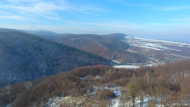 Aerial view of hills and forest, winter season, beautiful landscape
