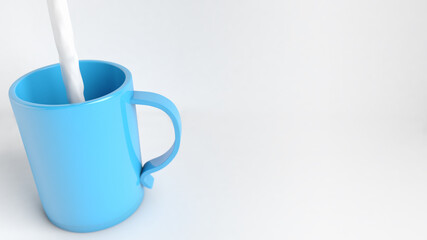 Milk being poured into blue cup, 3d illustration