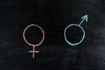 Fototapeta na wymiar Mars and Venus symbol on chalk board, woman and man