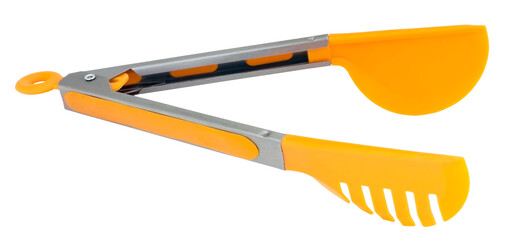 Orange silicone tongs for hot food on white