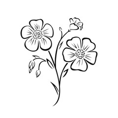 Flax flowers black and white illustration outline. Blooming plant vector icon.