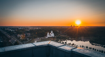 Church in the background of the sun. Gomel. Belarus
