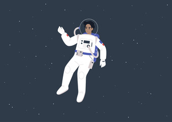 Young male astronaut wearing a spacesuit floating between the stars