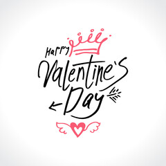 Handwritten felt pen vector logo Happy Valentine's Day. Drawn heart crown and arrow of cupid and inscription. Vector template. Cute card