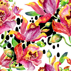 Seamless pattern of bright watercolor orchid