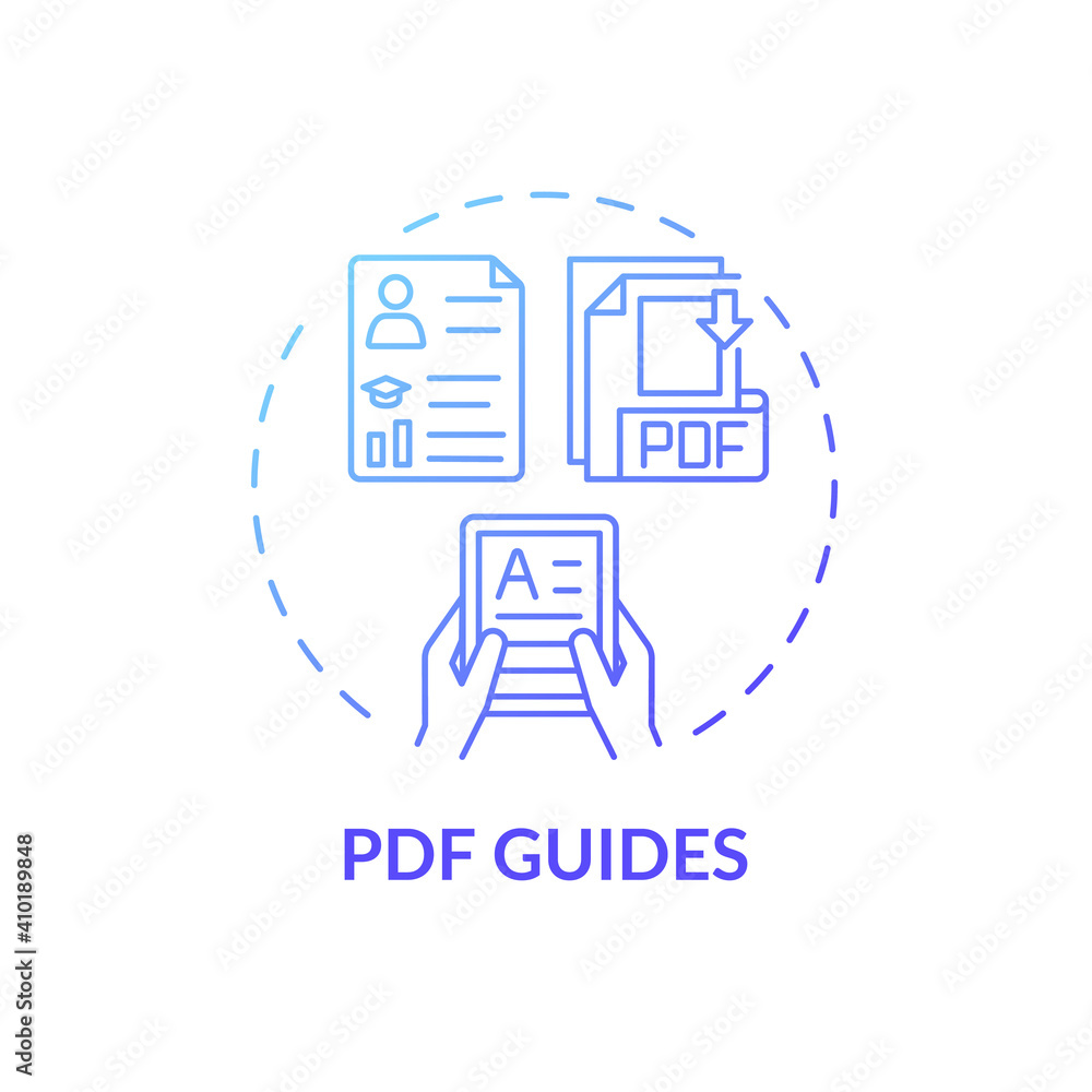 Aufkleber pdf guides concept icon. online teaching digital resources. step by step map to get new skills in yo