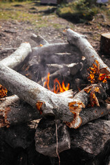 Orange campfire beautifully laid out logs around