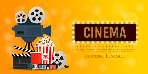 Obraz premium Vector illustration for online cinema. Orange banner for the cinematography. Elements of the film industry, popcorn, film reel, clapper board, cinema tickets, movie camera and 3d glasses.